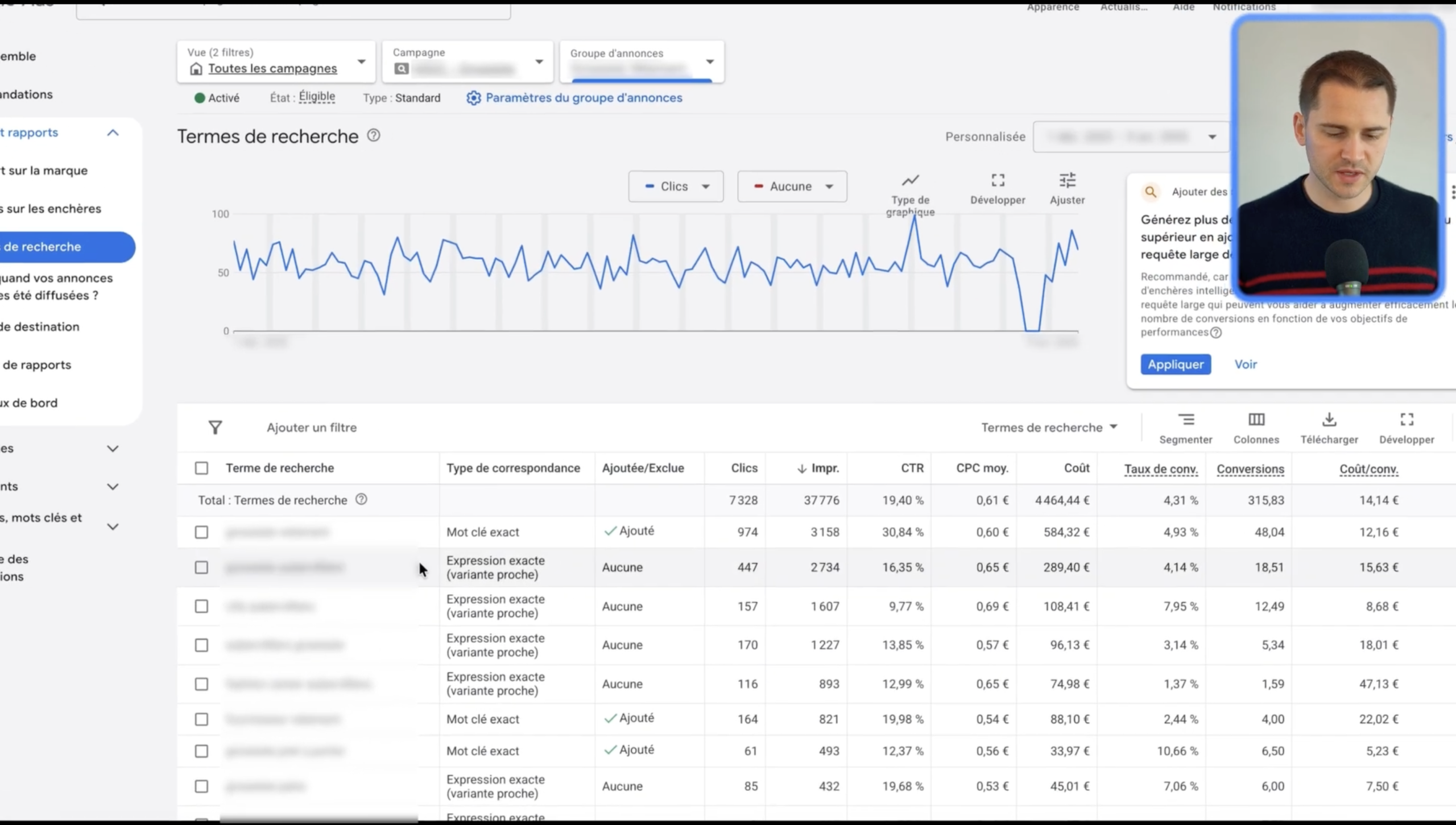 Lancement campagne Google Ads : termes de recherche